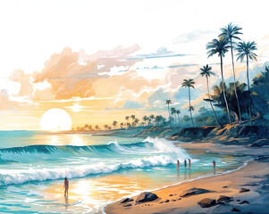 Digital painting of a beach with palm trees and surfers at sunset - 782519182