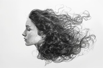 Exquisite illustration showcasing the wild and whimsical nature of curly hair in fine detail against a stark background