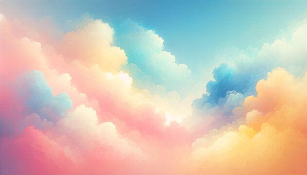 A dreamy landscape of fluffy clouds in pastel colors, resembling a cotton candy sky.