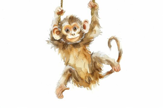 An adorable illustration of a playful monkey hanging by its tail, holding a blank signboard with its hands, ears covered