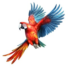 Fototapeta premium Illustration of macaw bird flight in hand drawn watercolor style isolated on white background.