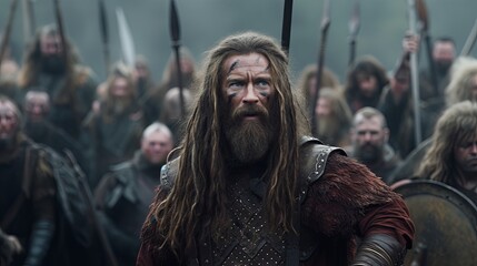 Man long hair and beard stands confidently in front army of male warriors, reminiscent movie scene