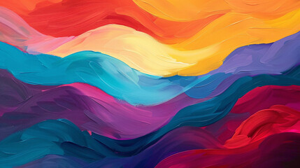 Bold strokes of vibrant hues merge gracefully, forming a dynamic gradient wave. - obrazy, fototapety, plakaty