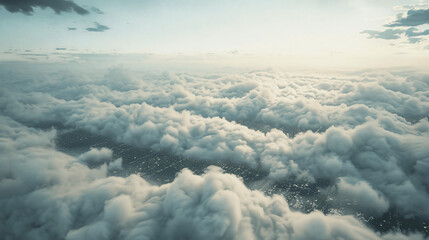 a cloudy sky - image taken from an aircraft looking down at the clouds and the city far below....