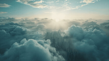 a cloudy sky - image taken from an aircraft looking down at the clouds and the city far below. Cinematic, Color Grading, Photography, Shot on 50mm lense, Ultra - Wide Angle, hyper - detailed, beautifu - obrazy, fototapety, plakaty