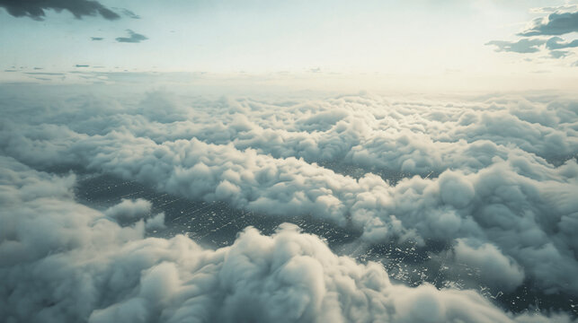 a cloudy sky - image taken from an aircraft looking down at the clouds and the city far below. Cinematic, Color Grading, Photography, Shot on 50mm lense, Ultra - Wide Angle, hyper - detailed, beautifu