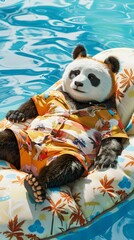 panda lie on  swimming mattress