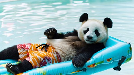 Cute panda lie on  swimming mattress