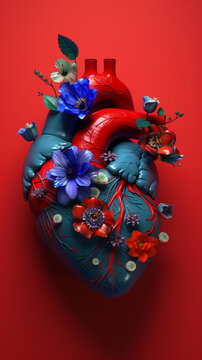 Anatomical heart full of flowers, illustration, 3D render, dark blue and teal colour palette on red background
