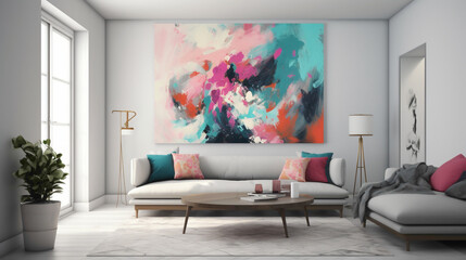 Bold strokes of vibrant pink and turquoise on a clean white canvas, expressing a sense of creativity and expression. - obrazy, fototapety, plakaty
