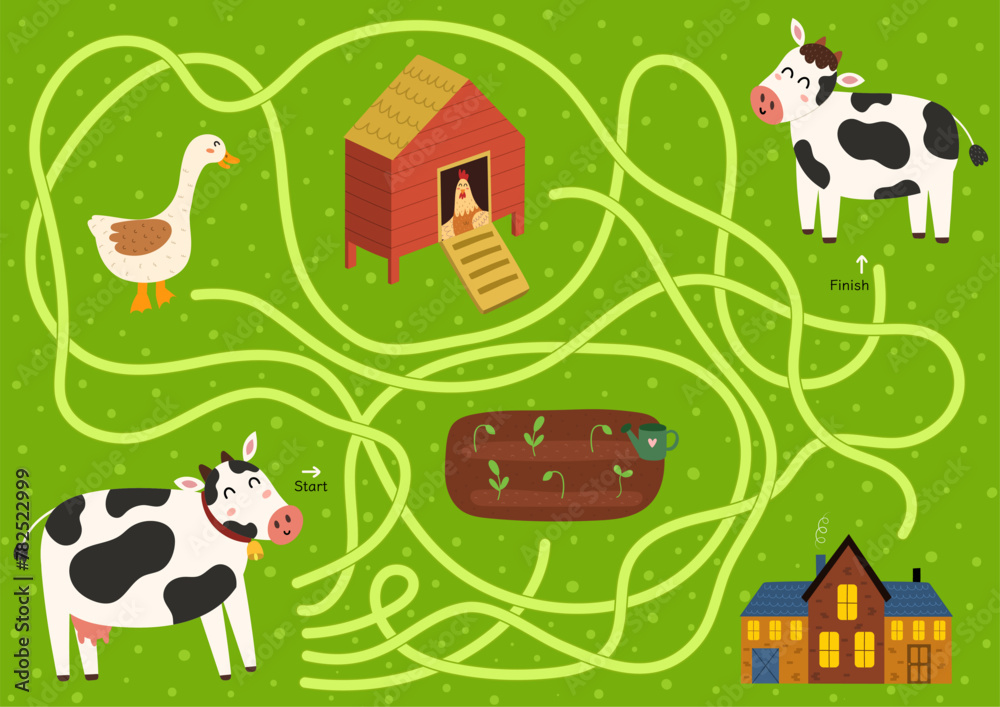 Wall mural help mother cow to find a way to her baby calf. farm maze activity for kids. mini game for school an