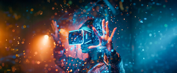 Obraz premium A person adorned in a dark jacket uses a VR headset, hands reaching out, amidst a swirl of glittering, digital particles suggesting an immersive virtual experience. Banner. Copy space