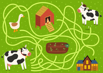 Help mother cow to find a way to her baby calf. Farm maze activity for kids. Mini game for school and preschool. Vector illustration - 782522999