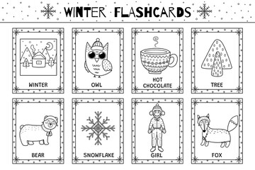 Winter flashcards black and white  collection for kids. Flash cards set with cute characters in outline for coloring. Learning to read activity for children. Vector illustration - 782523156