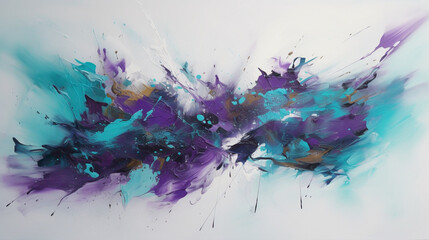 Bold strokes of vibrant purple and turquoise on a clean white canvas, expressing a sense of creativity and imagination. - obrazy, fototapety, plakaty