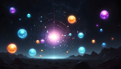 An array of glowing orbs suspended in a dark void, transmitting messages across the cosmos. - obrazy, fototapety, plakaty