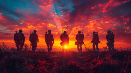 Fototapeta premium Six military silhouettes on sunset sky background.