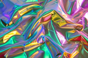 Waves of holographic foil shimmer with radiant hues, creating a dazzling, textured landscape of reflective color.