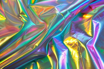 Crumpled holographic texture with a spectrum of colors, creating a vivid and dynamic abstract metallic surface with intense shine