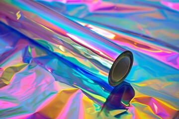 A roll of holographic film with a glossy, iridescent surface reflecting a spectrum of vibrant colors, draped over a dynamic background.