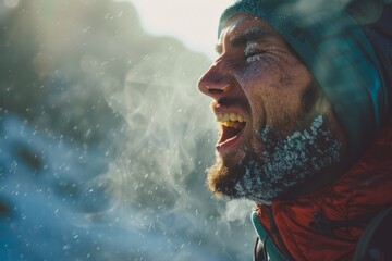 A chilly winter scene focused on the breath vapor as a person exhales in the cold air, emphasizing the freezing temperatures - obrazy, fototapety, plakaty