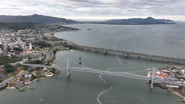 Florianopolis Capital Of Santa Catarina at Brazil. Aerial image taken with a drone of the Hercilio Luz Bridge during sunrise.
