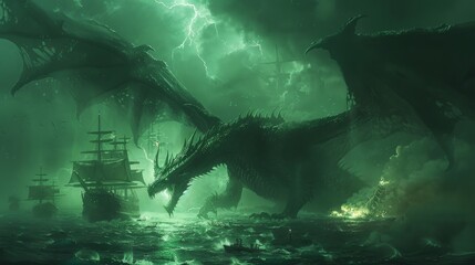 Black Dragon Descending on Ships in Ominous Fantasy Seascape