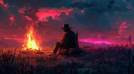 Bounty Hunter Watching Sunset Over Mountains in Vibrant Field
