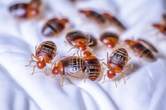 Highly detailed image of bed bugs on a pure white sheet, spotlighting the issue of indoor pests.