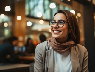 a woman smiling with glasses - obrazy, fototapety, plakaty
