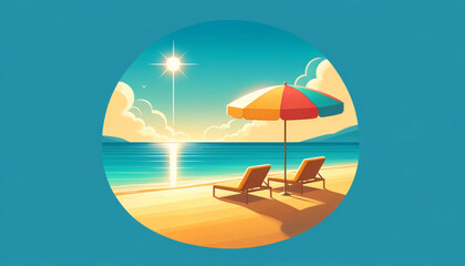 Bright sun over beach loungers and an umbrella with a circular blue sky.