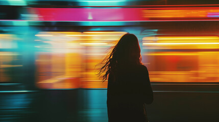 Silhouette of a woman in front of a metro train with bright lights and motion blur in a city