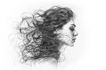 An artistic rendering featuring a profile portrait overlaid with swirling abstract lines resembling hair
