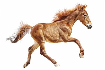 A dynamic image captures a chestnut foal mid-gallop, mane and tail flowing, symbolizing energy and freedom