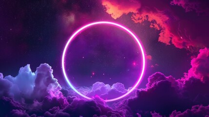 Obraz premium neon circle in the night sky with clouds