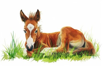 Naklejka na ściany i meble Detailed illustration of a cute foal lying on green grass, looking peaceful and content in a serene setting