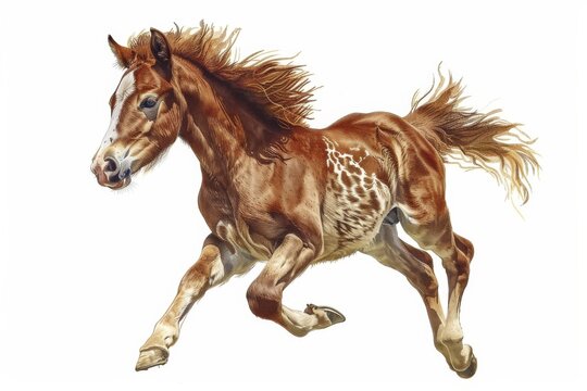 This image depicts a spirited horse with a unique spotted coat pattern running freely, showing power and agility