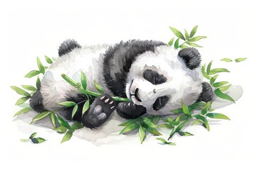 A charming illustration of a panda in a peaceful slumber surrounded by green bamboo, conveying a serene ambiance