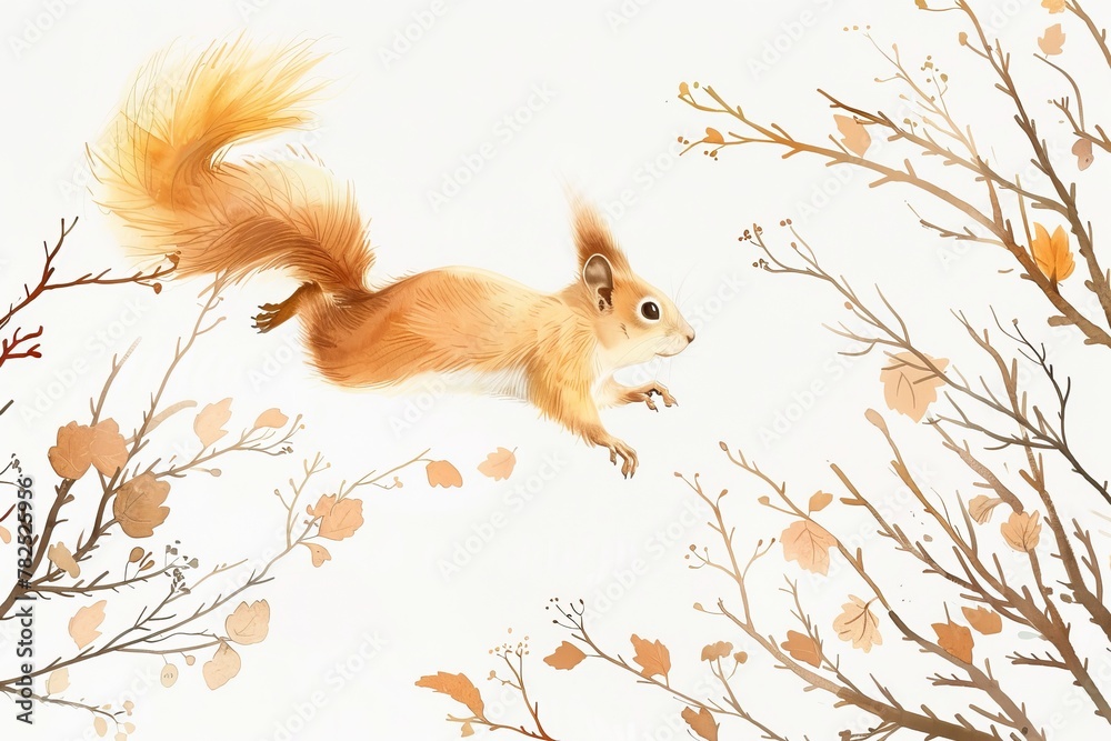 Poster a whimsical portrayal of a flying squirrel surrounded by gently falling autumn leaves in a pale colo