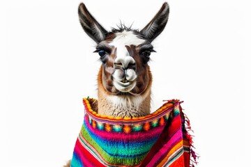 Fototapeta premium Portrait of a delightful llama sporting a vibrant traditional blanket against a stark white background