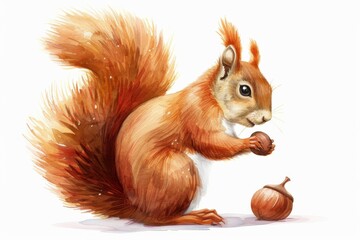 Detailed painting of a red squirrel in a serene pose holding a nut, showcasing its bushy tail and detailed fur texture