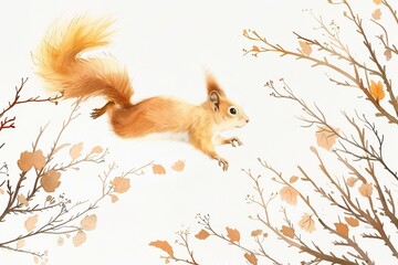 A whimsical portrayal of a flying squirrel surrounded by gently falling autumn leaves in a pale color palette