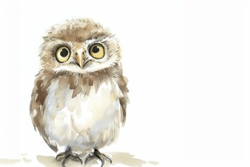 A solitary owl is depicted with an endearing gaze and fluffy feathers in a minimalistic, contemporary art style