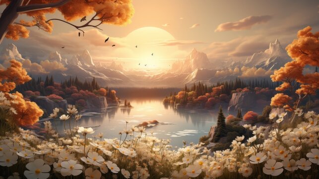 A beautiful lakeside landscape with mountains in the distance. The foreground is filled with white and yellow flowers. The sky is a gradient of orange and yellow, with a large white sun in the center.