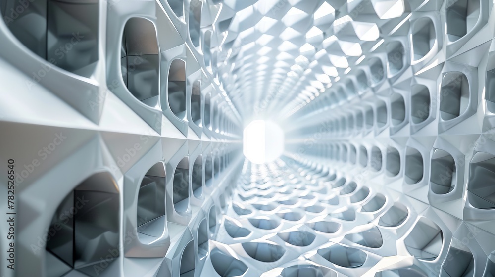 Poster a design featuring a futuristic tunnel with geometric patterns leading to a bright light at the end,