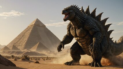 Godzilla near the desert pyramids - obrazy, fototapety, plakaty