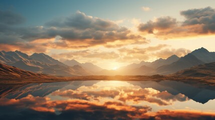 A beautiful landscape with mountains, lake and sunset - obrazy, fototapety, plakaty