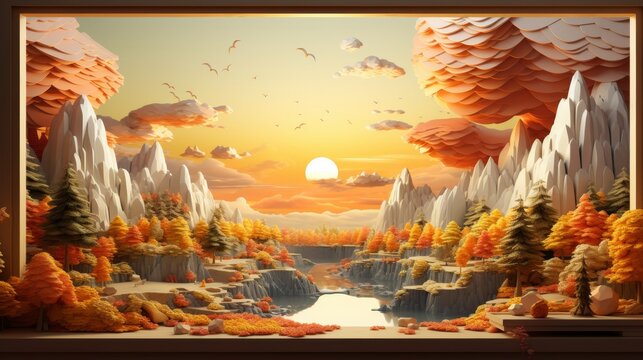 A beautiful landscape with mountains, a river, and a forest in the fall season. The sky is orange and the sun is setting. The image is in a 3D paper-cut style.