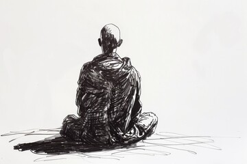 A serene sketch in black and white of a person meditating from behind, providing a sense of peace and contemplation