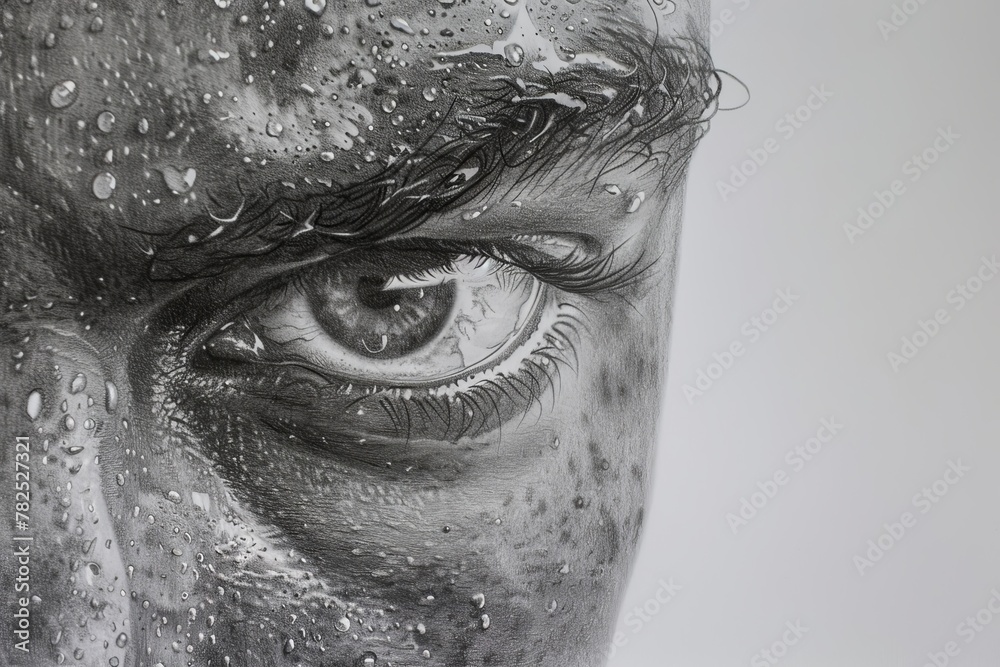 Poster Close-up of a hyper-realistic eye illustration with water droplets adding a sense of depth and texture